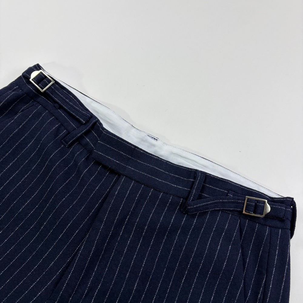 Shell Corp Pinstripe Trousers Mens L Navy Blue Wool Blend Side Adjuster Cuffed